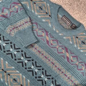 Peter England Sweater Mens XL Teal Geometric Wool Blend Grandpa 90s Fair Isle